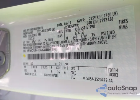 2019 Ford Escape Sel из США, поврежденный, VIN 1FMCU9HD6KUB94392